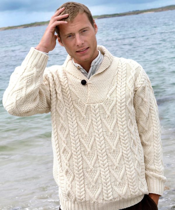 Shawl Collar Mans Traditional Aran Sweater|Aran Sweaters Men|Irish Handcrafts