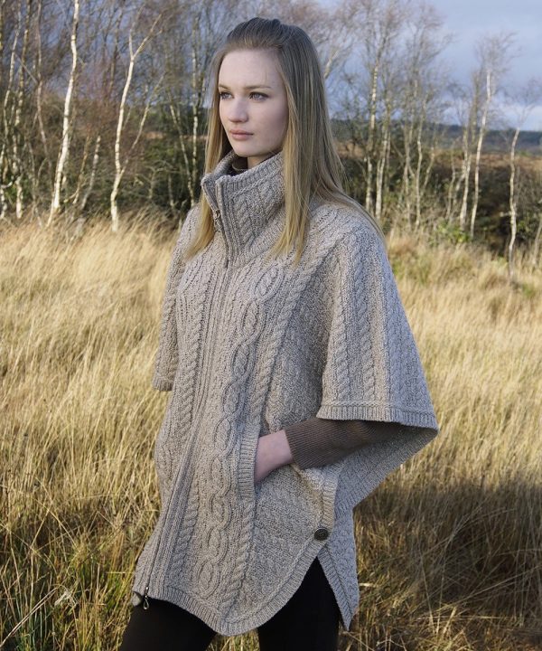 Aran Funnel Neck Poncho Jacket Capes Wraps & Pocket Shawls Irish Handcrafts -1