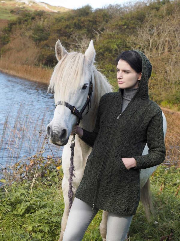 Irish Aran Style Hooded Coat With Celtic Knot Zipper