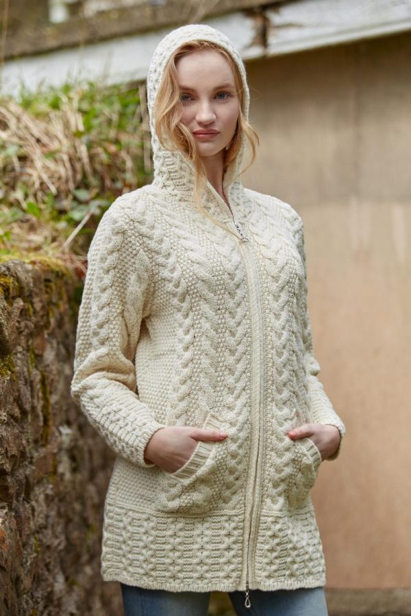 Irish Aran Style Hooded Coat With Celtic Knot Zipper