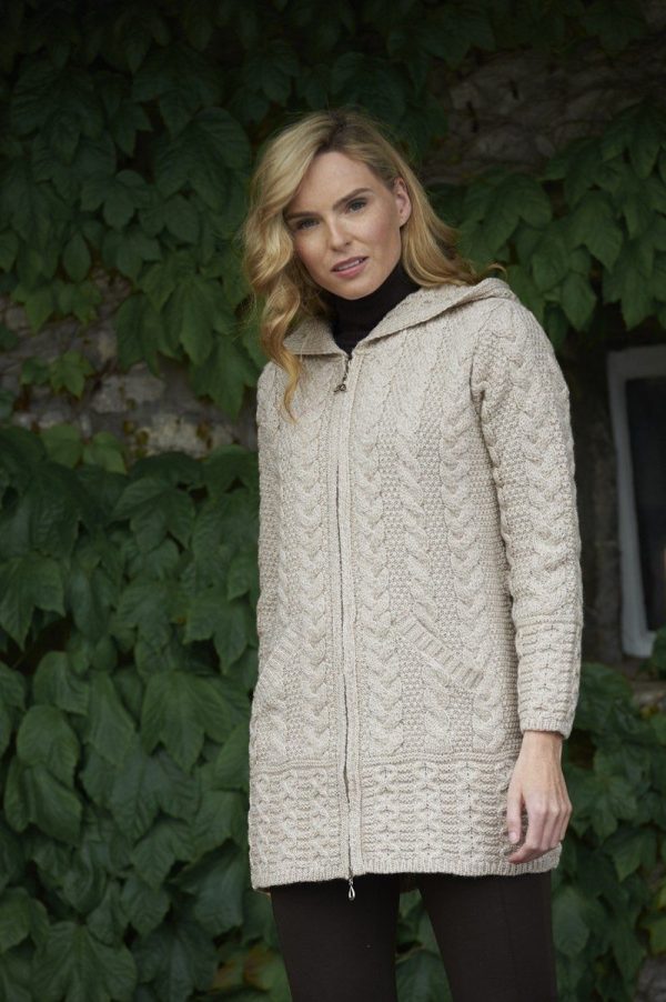 Irish Aran Style Hooded Coat With Celtic Knot Zipper